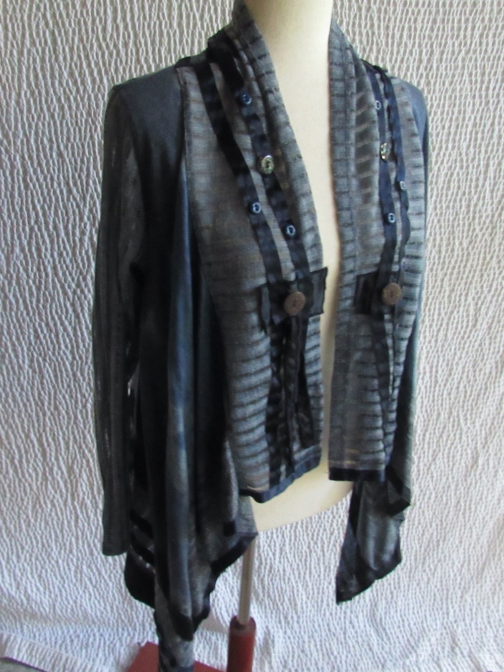 Aris Art Wrap Cardigan S Lagenlook Mix Fabric Details Blue Gray Cotton Blend